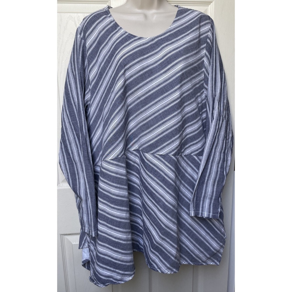 Tulip Brand 100% Cotton Tunic Blue White Stripes Coastal Lagenlook Boxy Size XL